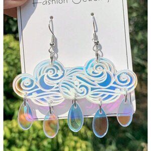 Holographic Iridescent Cloud Earrings with Dangling Raindrops – Fairycore
